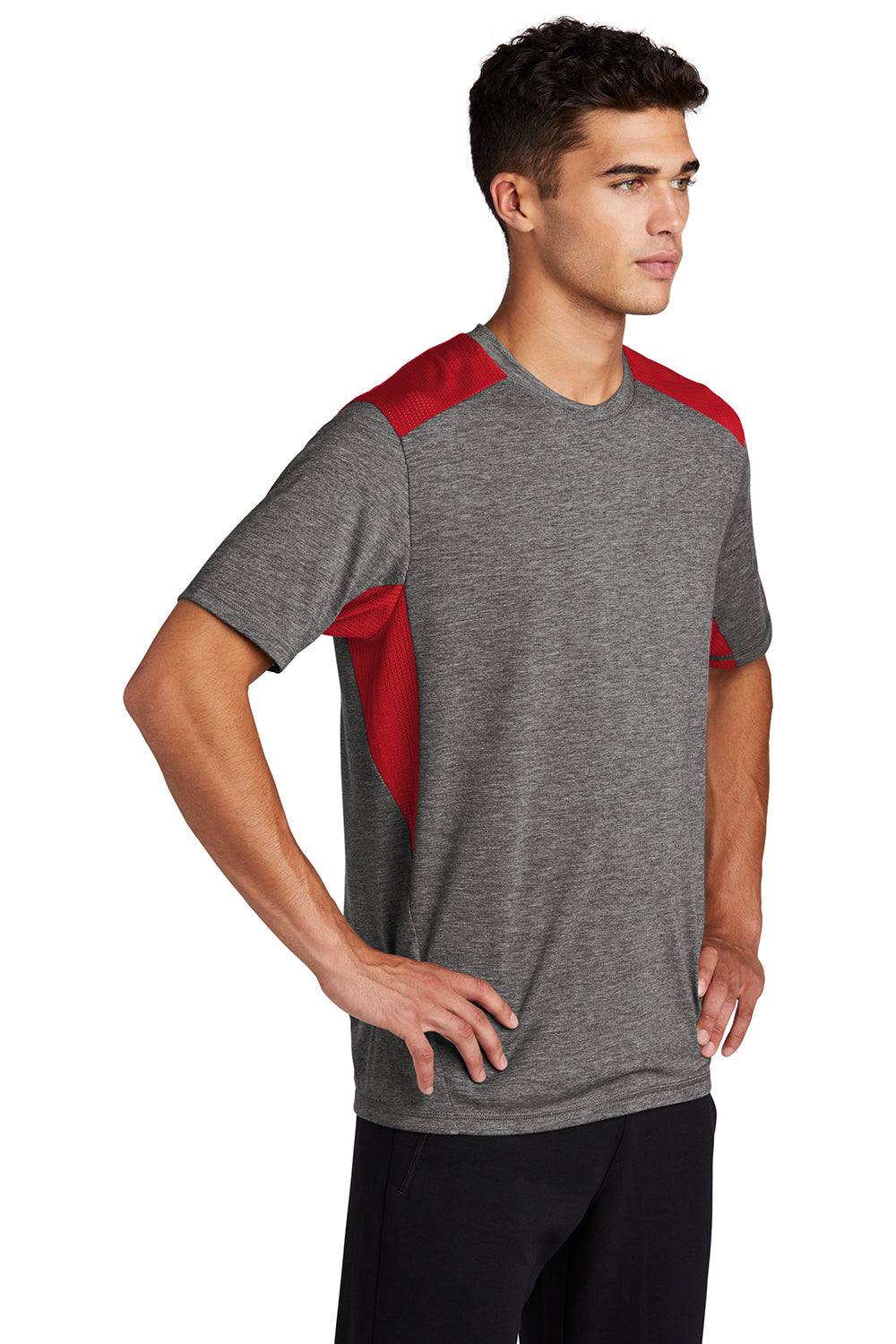 Sport-Tek ST410 Mens Draft Moisture Wicking Short Sleeve Crewneck T-Shirt Heather Dark Grey/True Red Model 3q