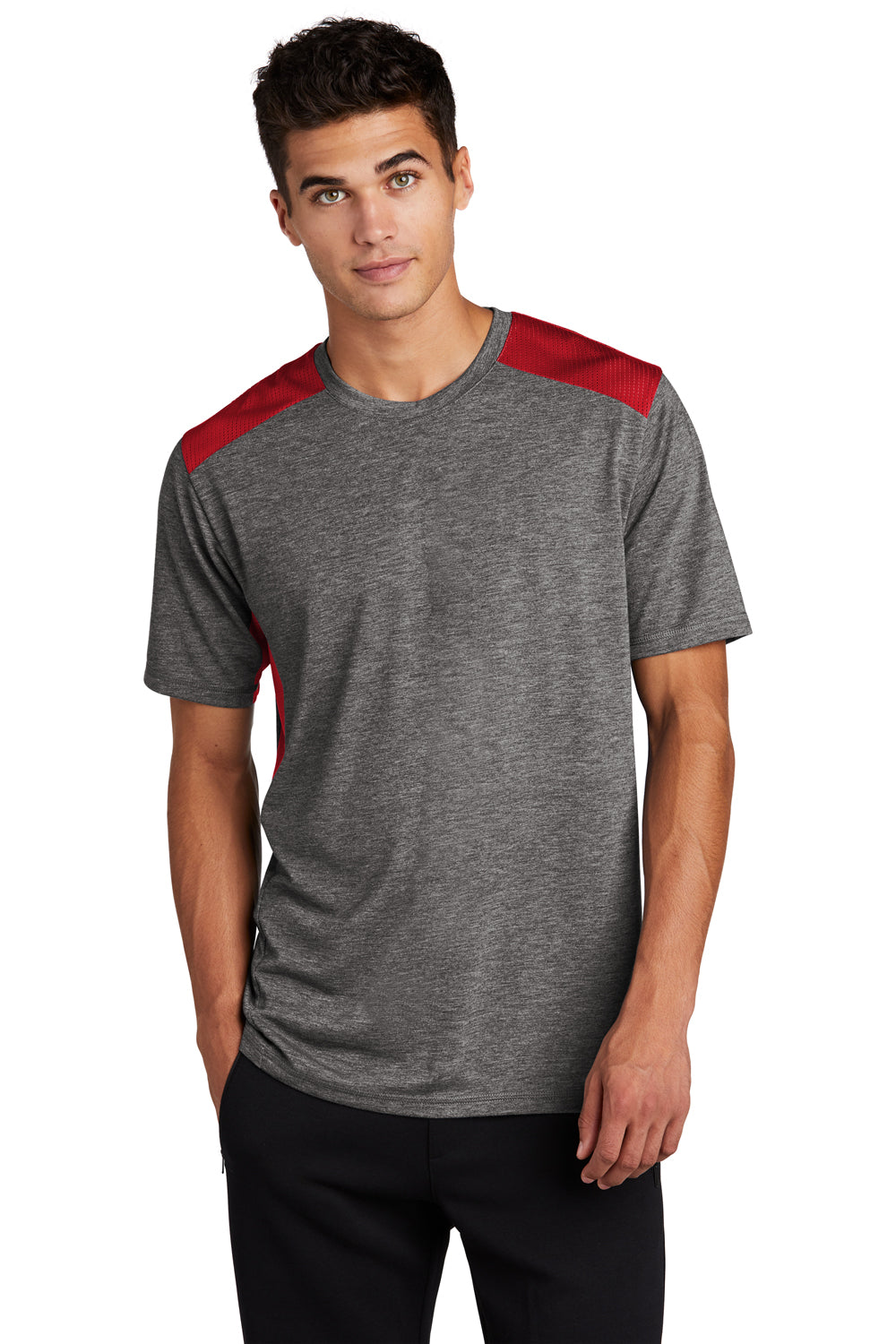 Sport-Tek ST410 Mens Draft Moisture Wicking Short Sleeve Crewneck T-Shirt Heather Dark Grey/True Red Model Front