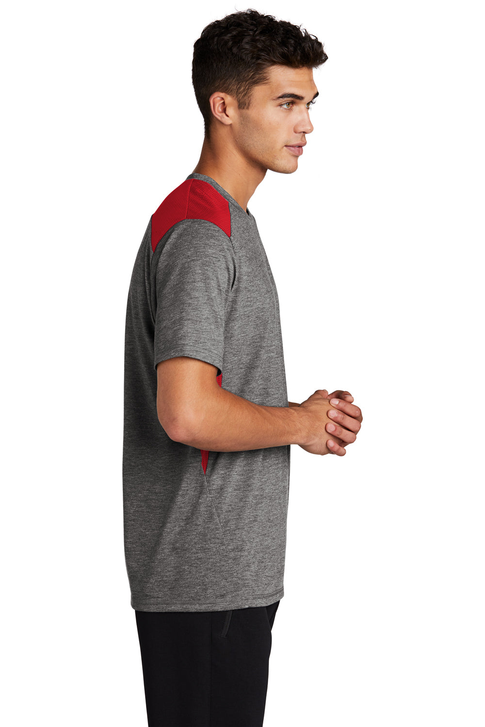 Sport-Tek ST410 Mens Draft Moisture Wicking Short Sleeve Crewneck T-Shirt Heather Dark Grey/True Red Model Side