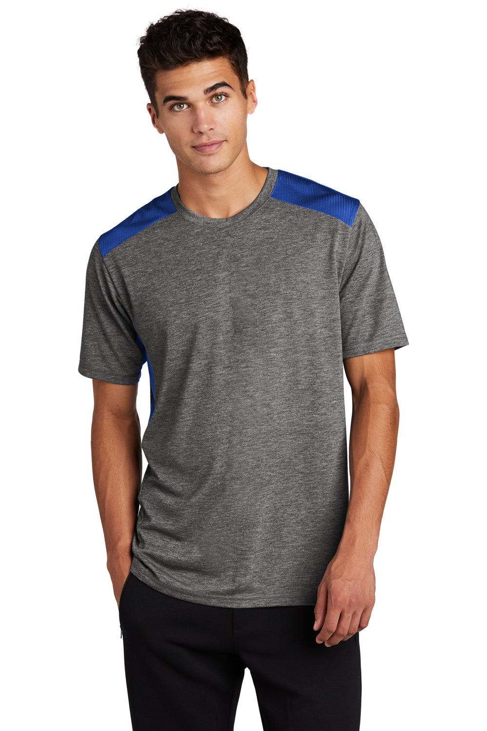 Sport-Tek ST410 Mens Draft Moisture Wicking Short Sleeve Crewneck T-Shirt Heather Dark Grey/True Royal Blue Model Front