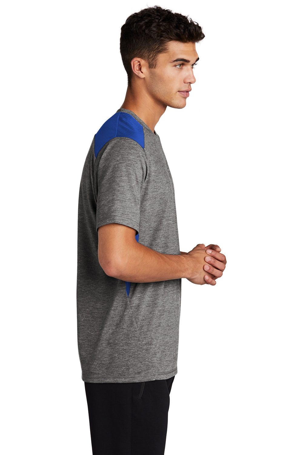 Sport-Tek ST410 Mens Draft Moisture Wicking Short Sleeve Crewneck T-Shirt Heather Dark Grey/True Royal Blue Model Side