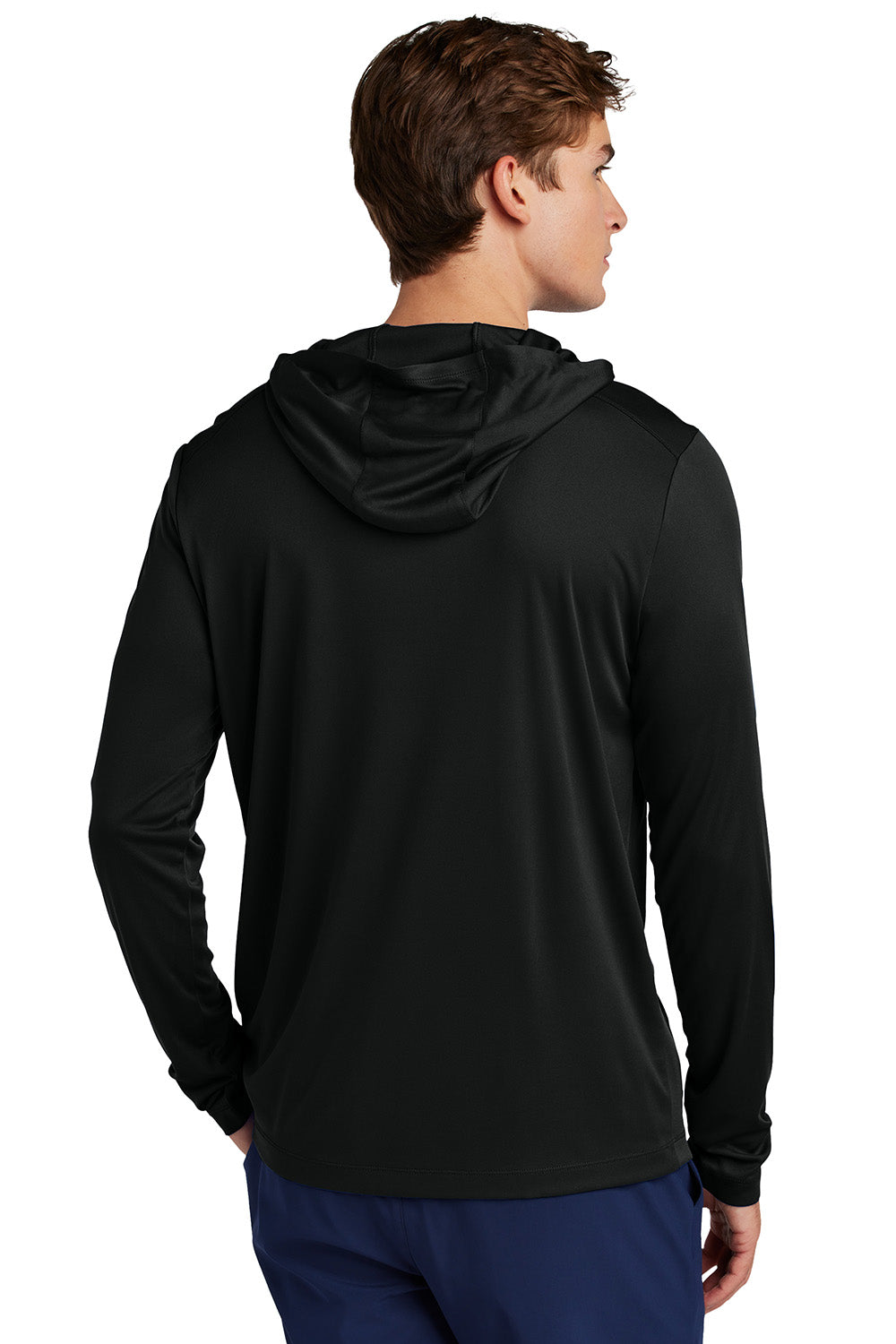 Sport-Tek ST420LSH Mens Posi-UV Pro Long Sleeve Hooded T-Shirt Hoodie Black Model Back