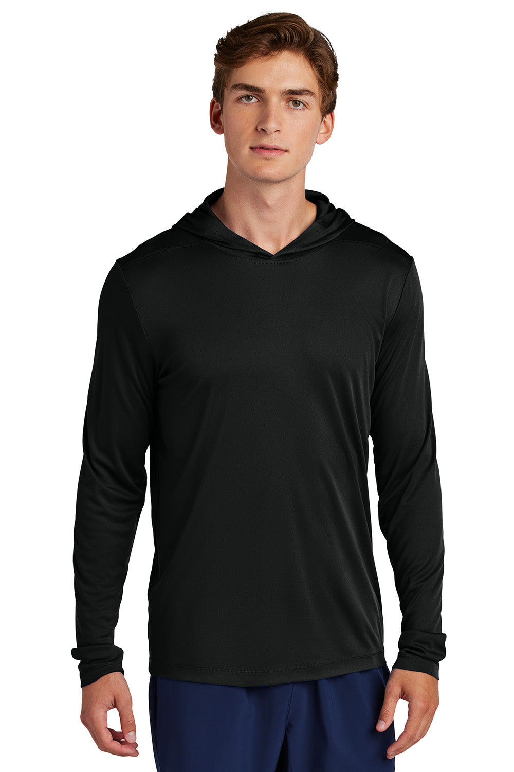 Sport-Tek ST420LSH Mens Posi-UV Pro Long Sleeve Hooded T-Shirt Hoodie Black Model Front