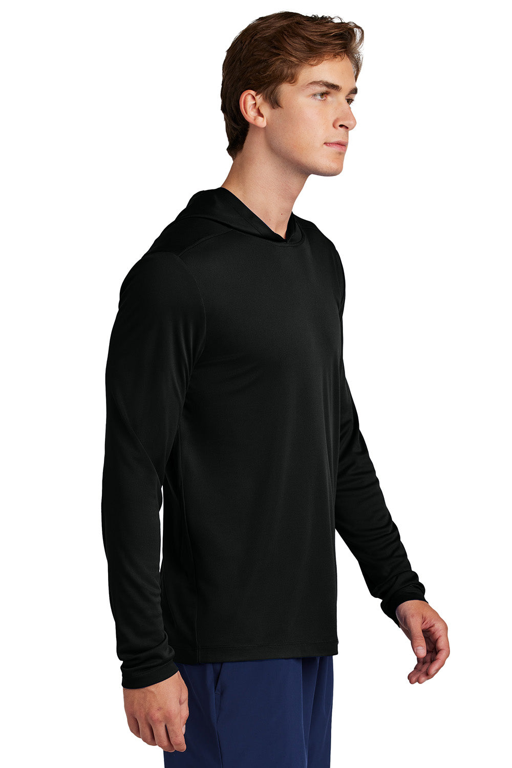 Sport-Tek ST420LSH Mens Posi-UV Pro Long Sleeve Hooded T-Shirt Hoodie Black Model Side