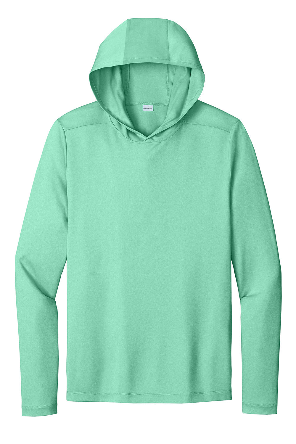 Sport-Tek ST420LSH Mens Posi-UV Pro Long Sleeve Hooded T-Shirt Hoodie Bright Seafoam Green Flat Front