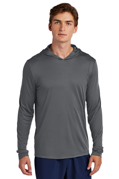 Sport-Tek ST420LSH Mens Posi-UV Pro Long Sleeve Hooded T-Shirt Hoodie Dark Smoke Grey Model Front