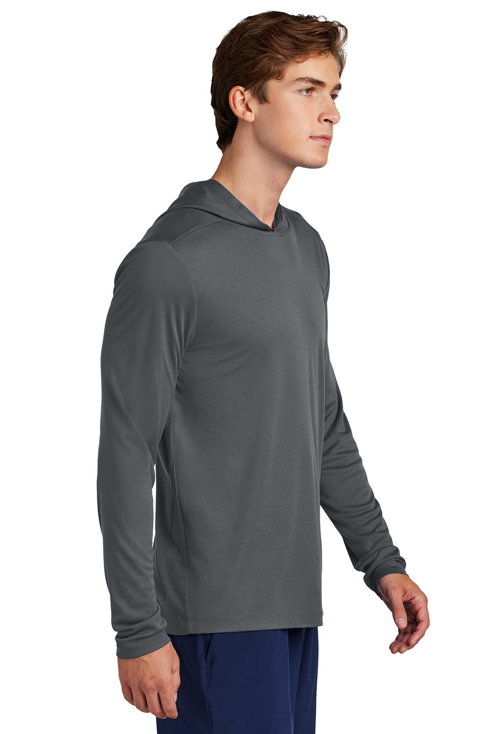 Sport-Tek ST420LSH Mens Posi-UV Pro Long Sleeve Hooded T-Shirt Hoodie Dark Smoke Grey Model Side