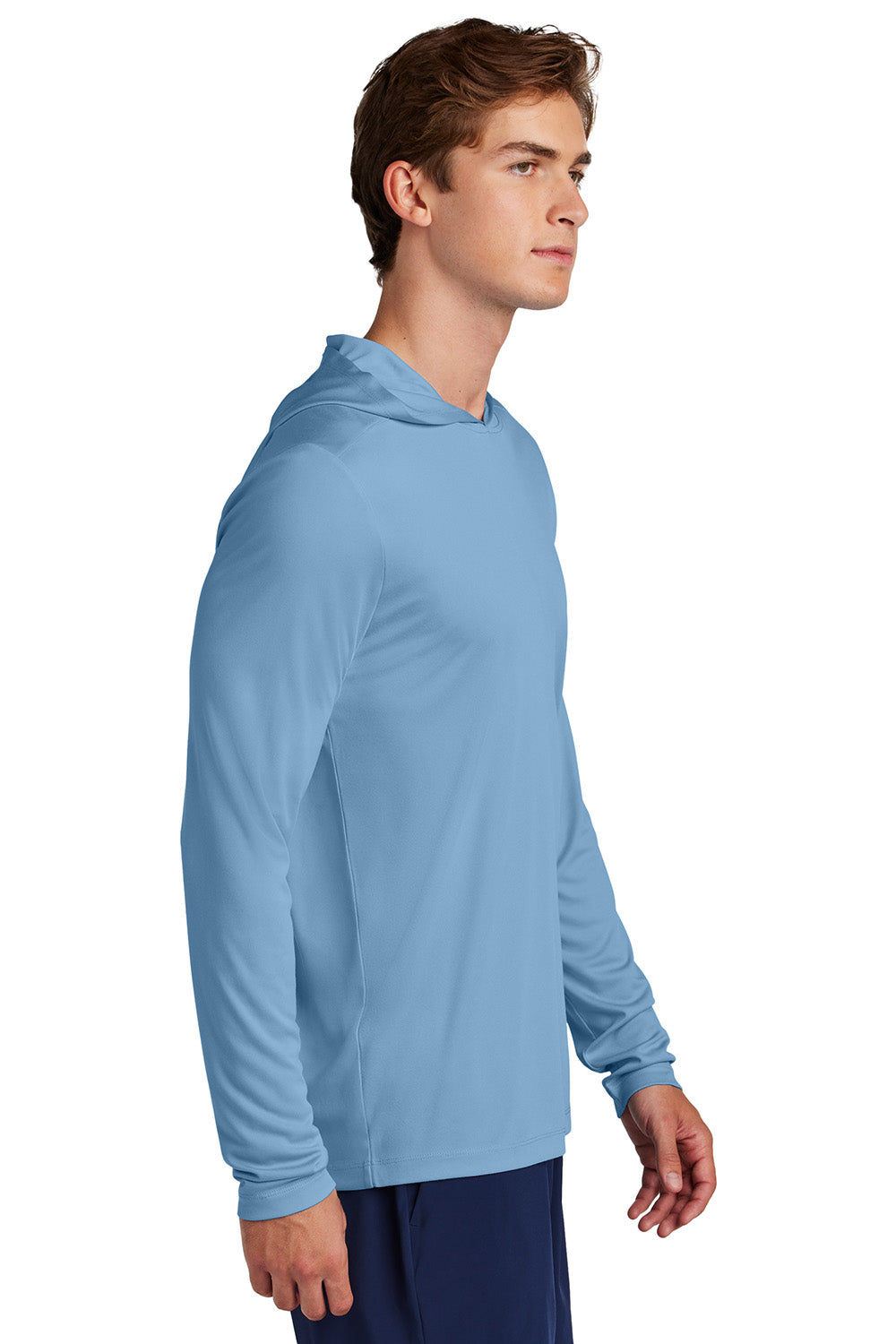 Sport-Tek ST420LSH Mens Posi-UV Pro Long Sleeve Hooded T-Shirt Hoodie Light Blue Model Side