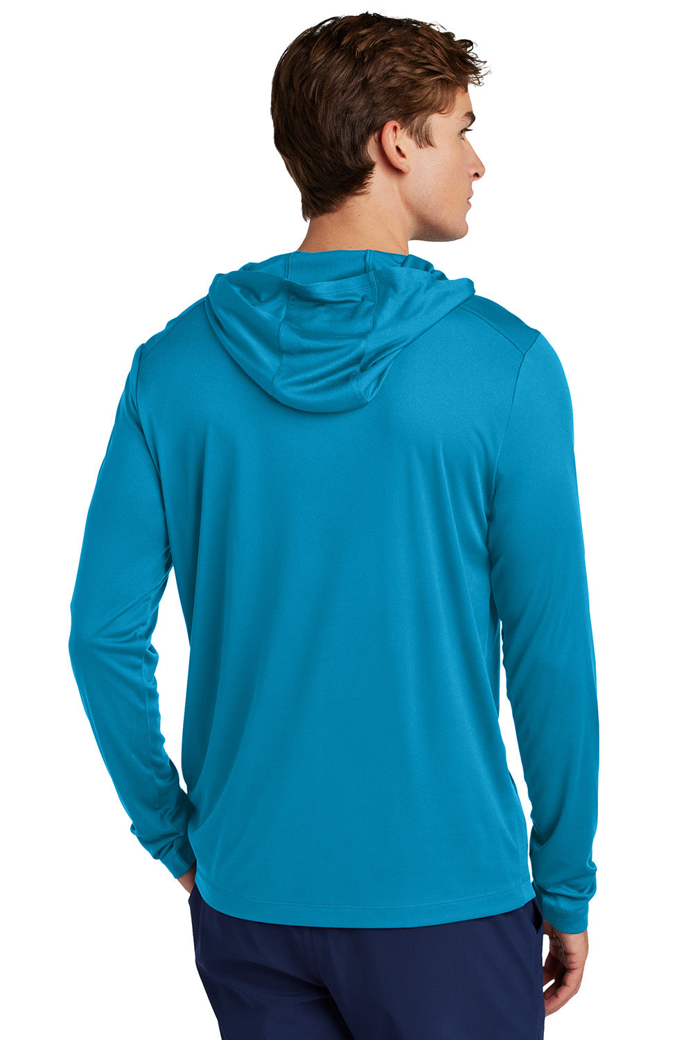 Sport-Tek ST420LSH Mens Posi-UV Pro Long Sleeve Hooded T-Shirt Hoodie Sapphire Blue Model Back