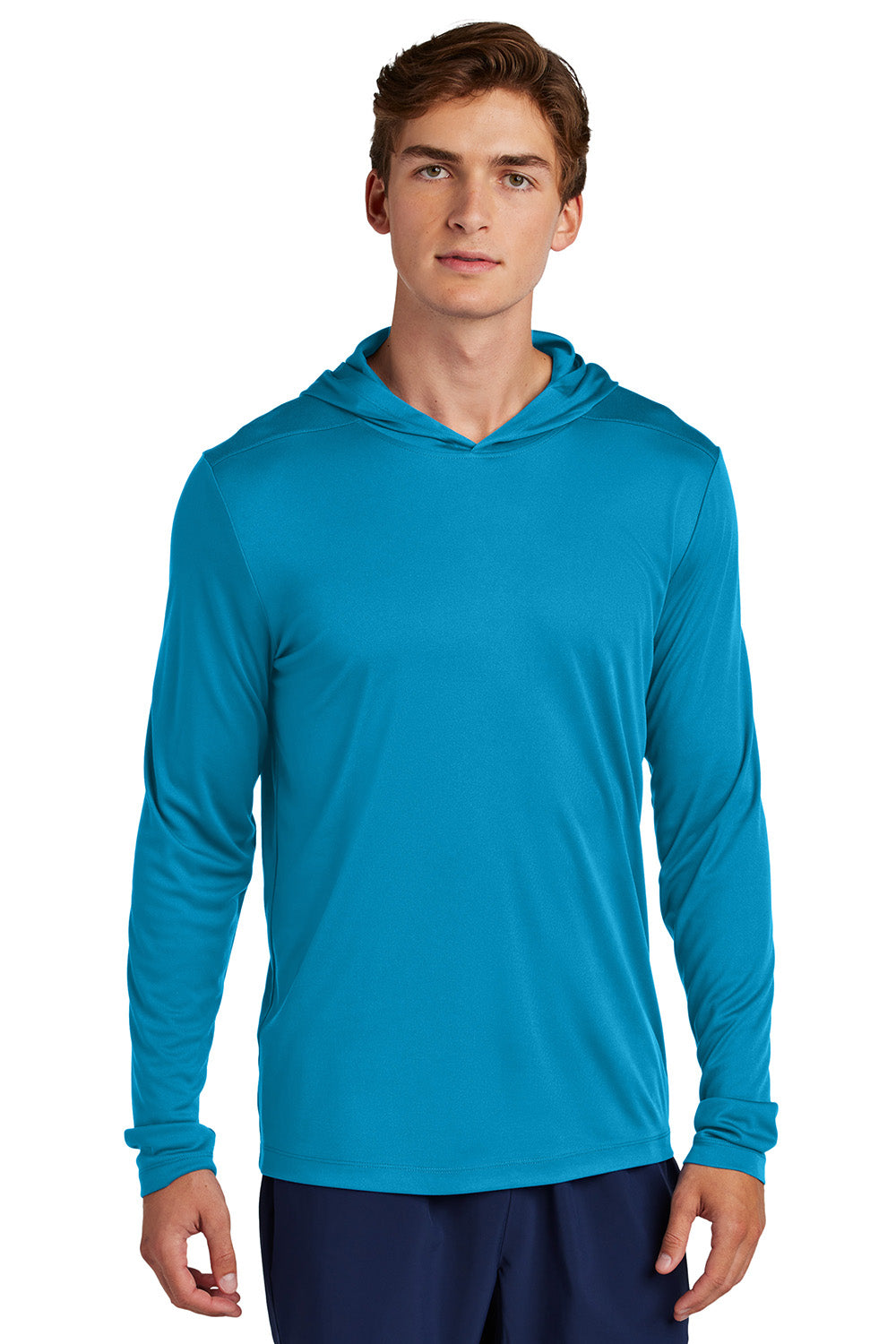 Sport-Tek ST420LSH Mens Posi-UV Pro Long Sleeve Hooded T-Shirt Hoodie Sapphire Blue Model Front