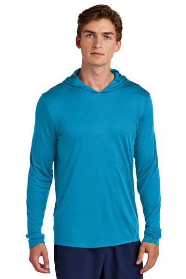 Sport-Tek ST420LSH Mens Posi-UV Pro Long Sleeve Hooded T-Shirt Hoodie Sapphire Blue Model Front