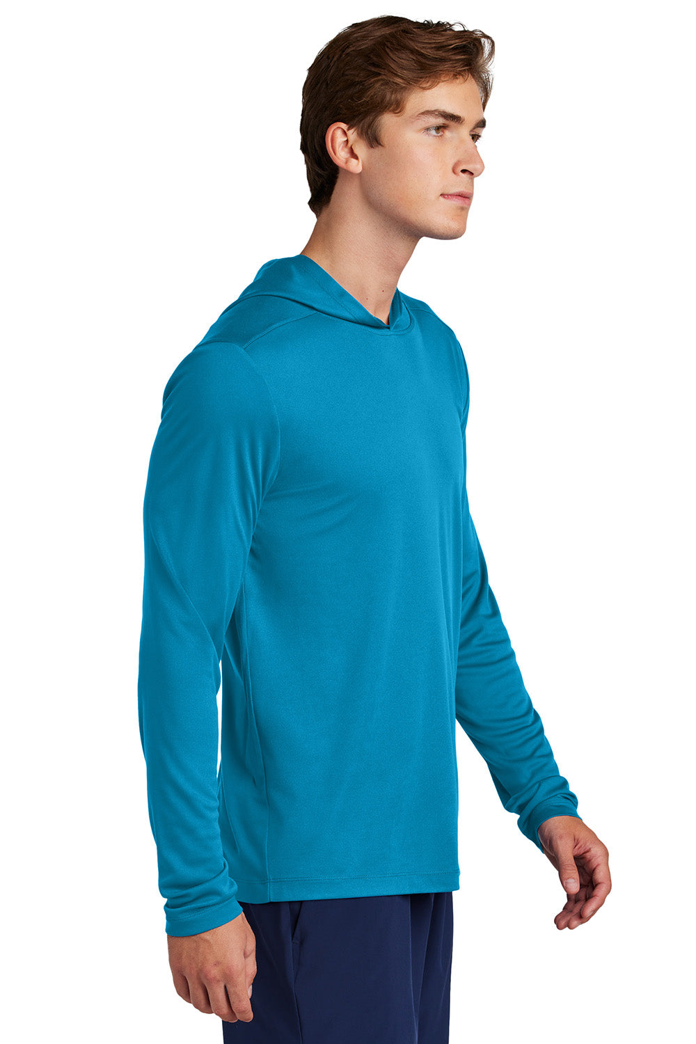 Sport-Tek ST420LSH Mens Posi-UV Pro Long Sleeve Hooded T-Shirt Hoodie Sapphire Blue Model Side