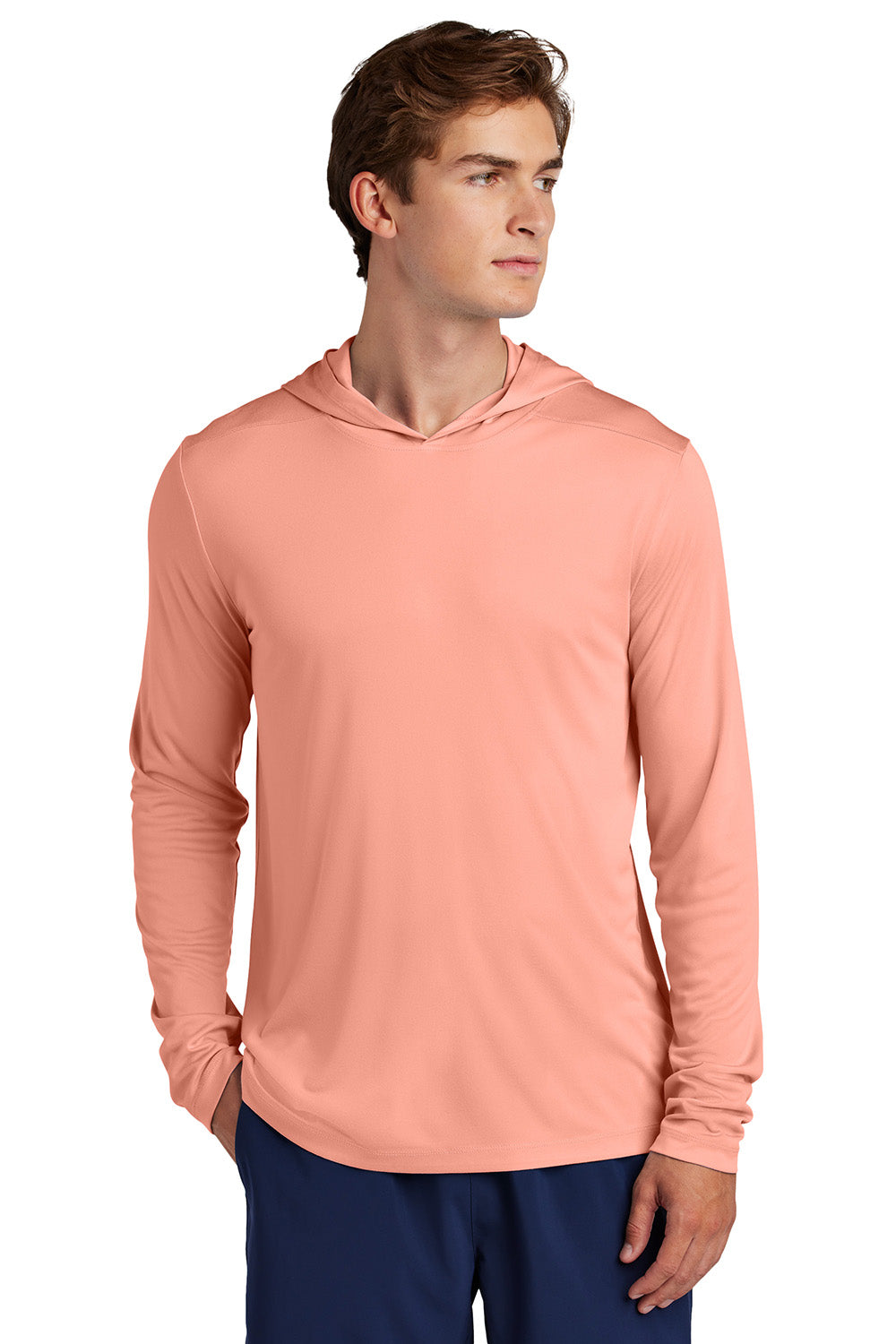 Sport-Tek ST420LSH Mens Posi-UV Pro Long Sleeve Hooded T-Shirt Hoodie Soft Coral Model Front