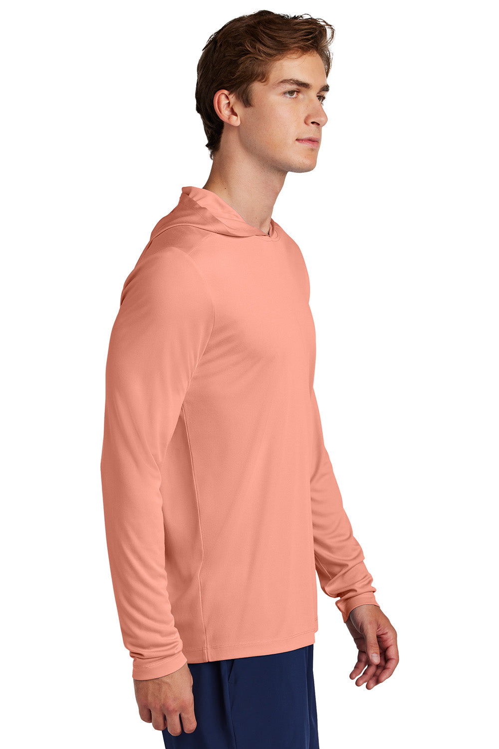 Sport-Tek ST420LSH Mens Posi-UV Pro Long Sleeve Hooded T-Shirt Hoodie Soft Coral Model Side