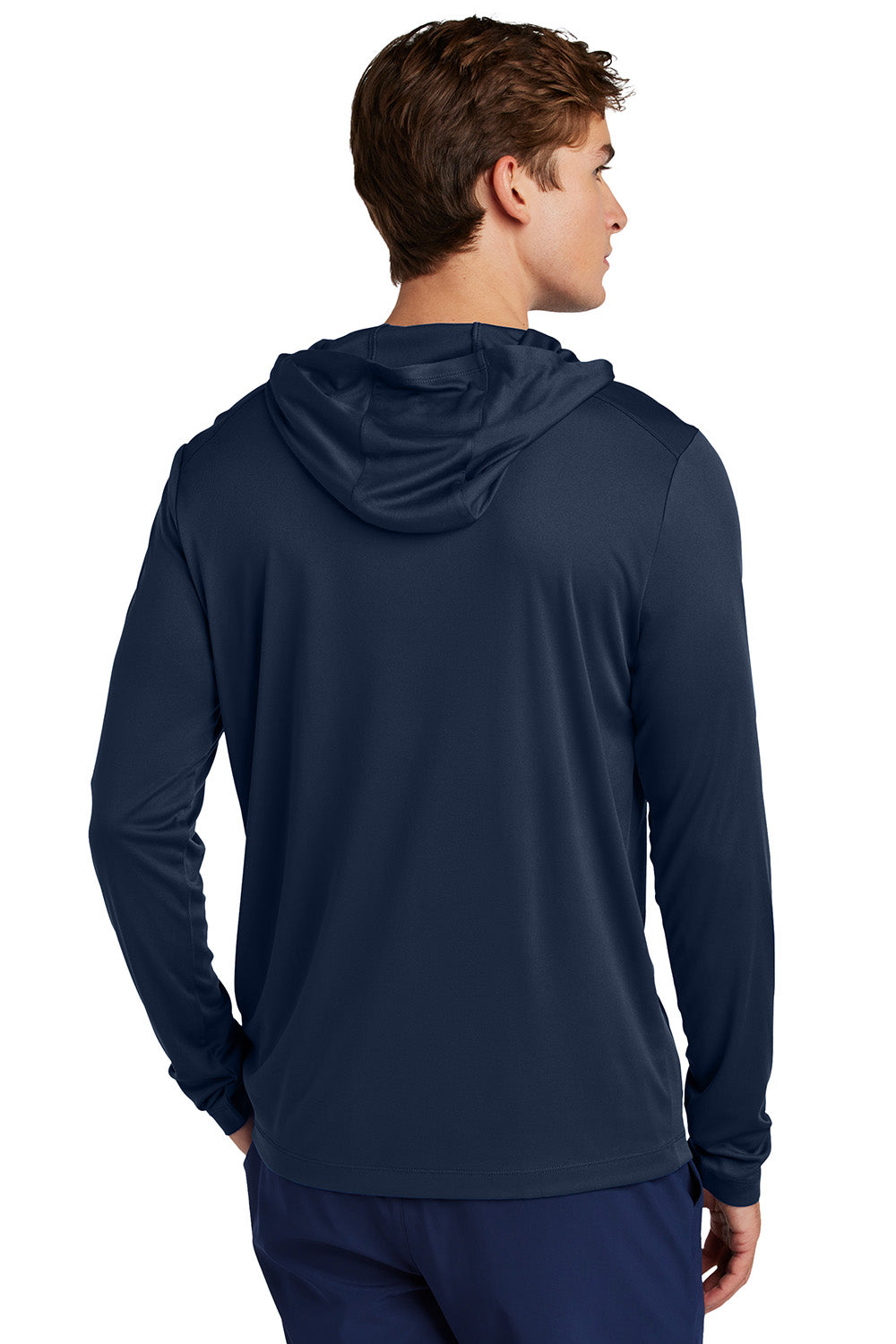 Sport-Tek ST420LSH Mens Posi-UV Pro Long Sleeve Hooded T-Shirt Hoodie True Navy Blue Model Back