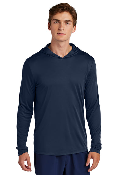 Sport-Tek ST420LSH Mens Posi-UV Pro Long Sleeve Hooded T-Shirt Hoodie True Navy Blue Model Front