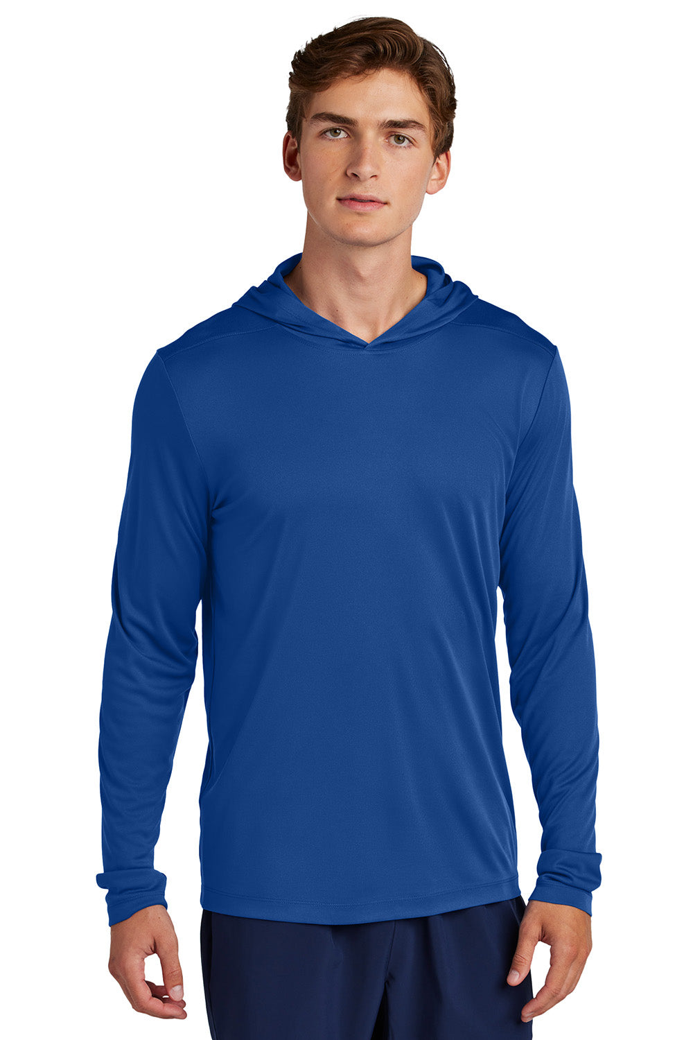 Sport-Tek ST420LSH Mens Posi-UV Pro Long Sleeve Hooded T-Shirt Hoodie True Royal Blue Model Front