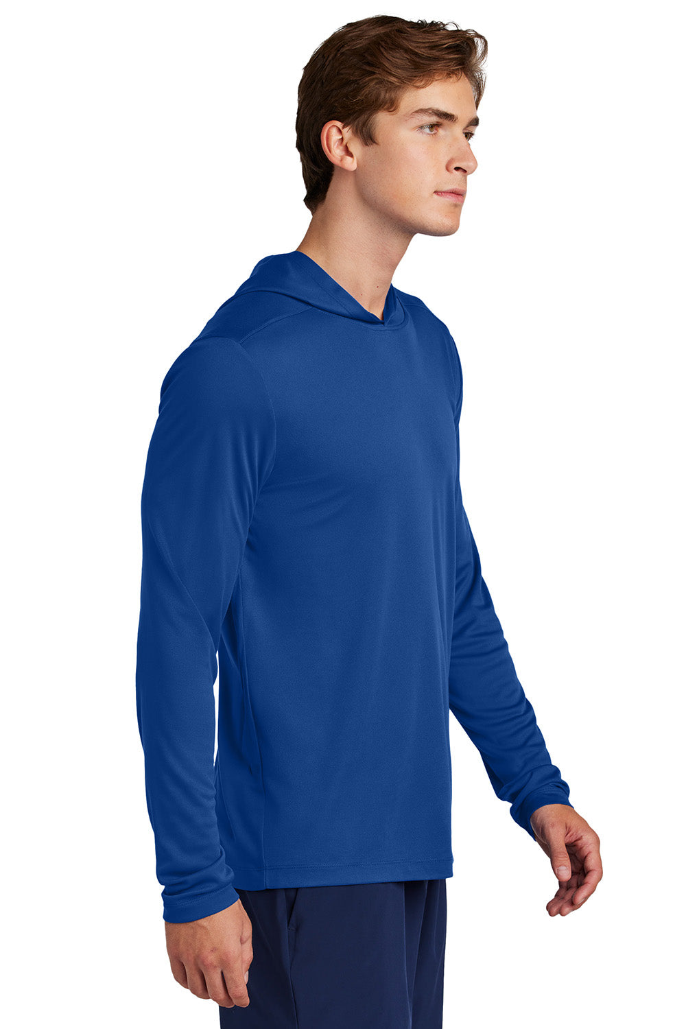 Sport-Tek ST420LSH Mens Posi-UV Pro Long Sleeve Hooded T-Shirt Hoodie True Royal Blue Model Side