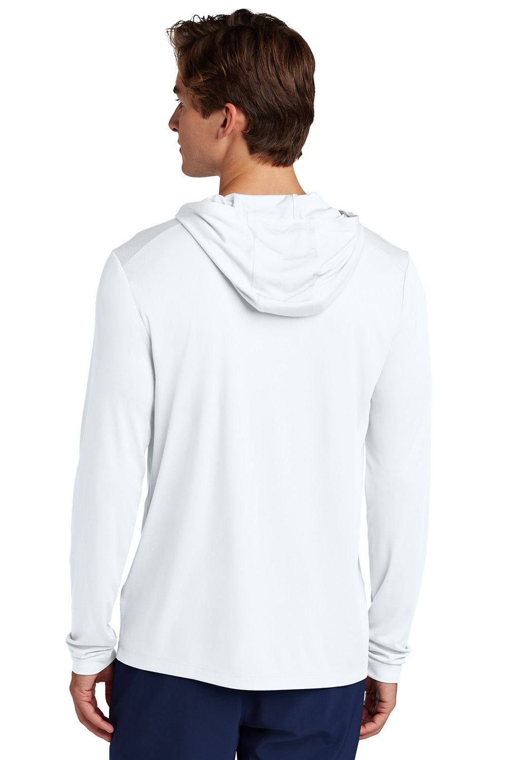 Sport-Tek ST420LSH Mens Posi-UV Pro Long Sleeve Hooded T-Shirt Hoodie White Model Back