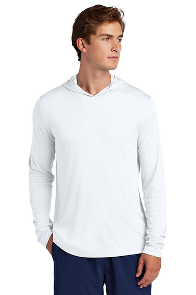 Sport-Tek ST420LSH Mens Posi-UV Pro Long Sleeve Hooded T-Shirt Hoodie White Model Front