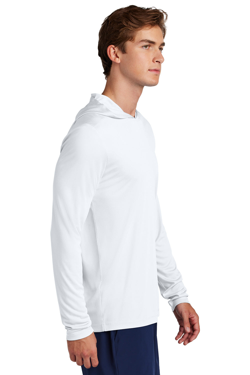 Sport-Tek ST420LSH Mens Posi-UV Pro Long Sleeve Hooded T-Shirt Hoodie White Model Side