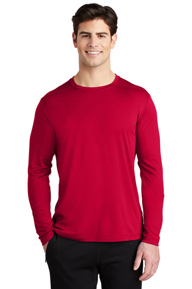 Sport-Tek ST420LS Mens Moisture Wicking Long Sleeve Crewneck T-Shirt Deep Red Model Front