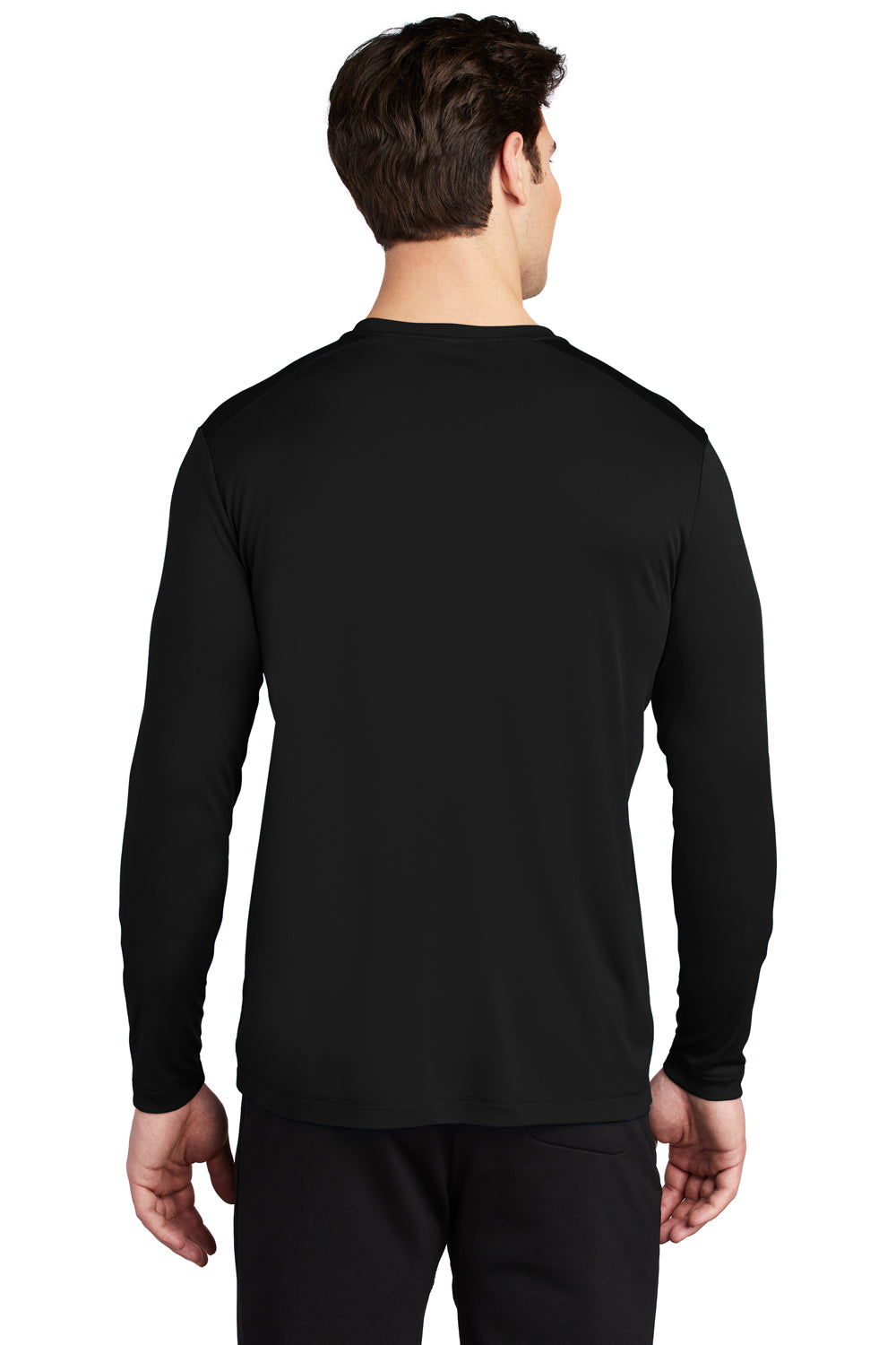 Sport-Tek ST420LS Mens Moisture Wicking Long Sleeve Crewneck T-Shirt Black Model Back