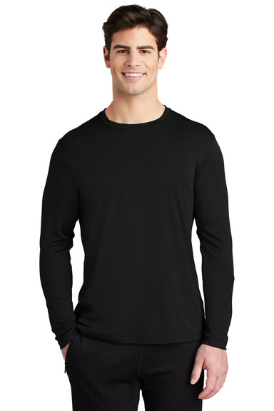 Sport-Tek ST420LS Mens Moisture Wicking Long Sleeve Crewneck T-Shirt Black Model Front