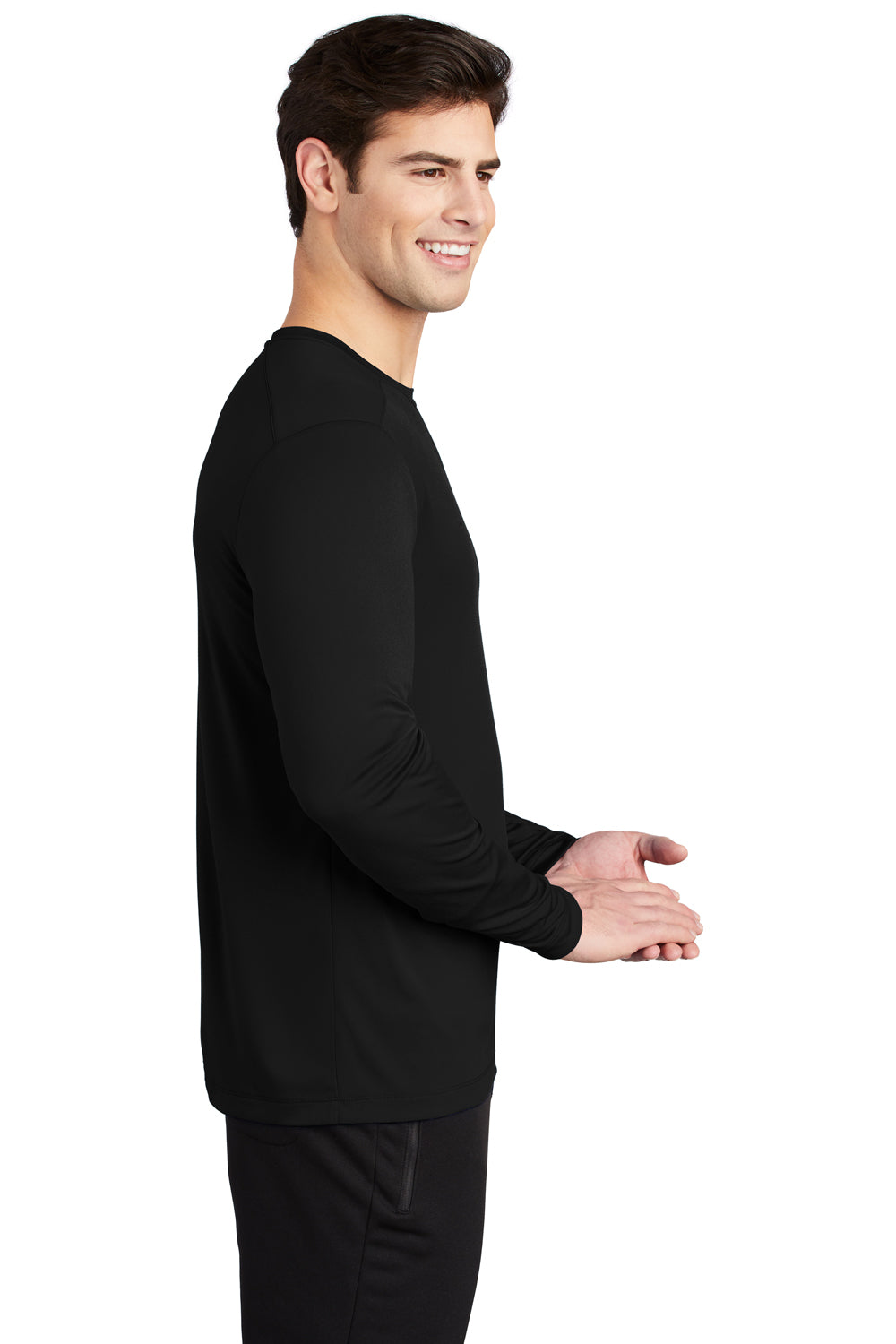 Sport-Tek ST420LS Mens Moisture Wicking Long Sleeve Crewneck T-Shirt Black Model Side