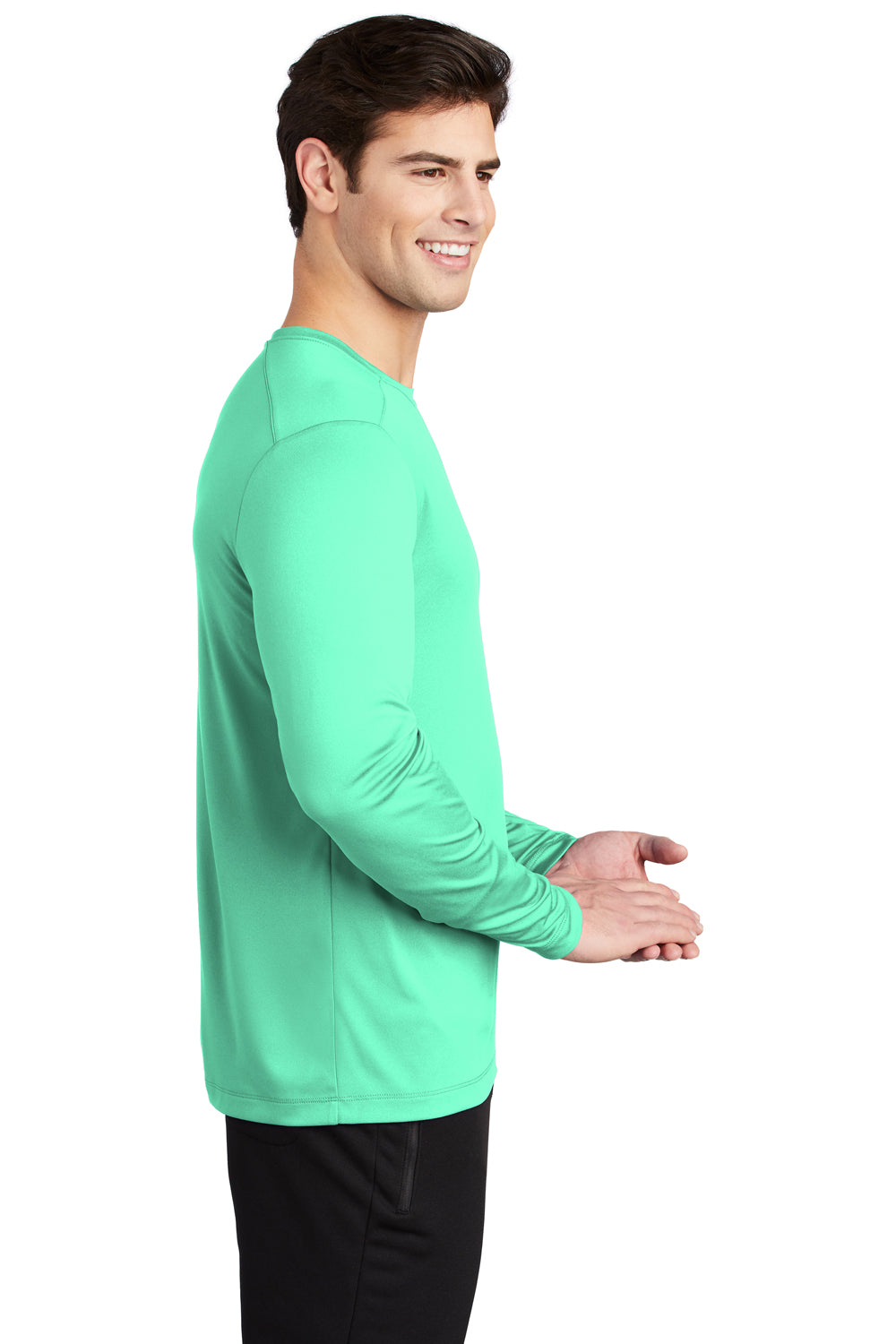 Sport-Tek ST420LS Mens Moisture Wicking Long Sleeve Crewneck T-Shirt Bright Seafoam Green Model Side