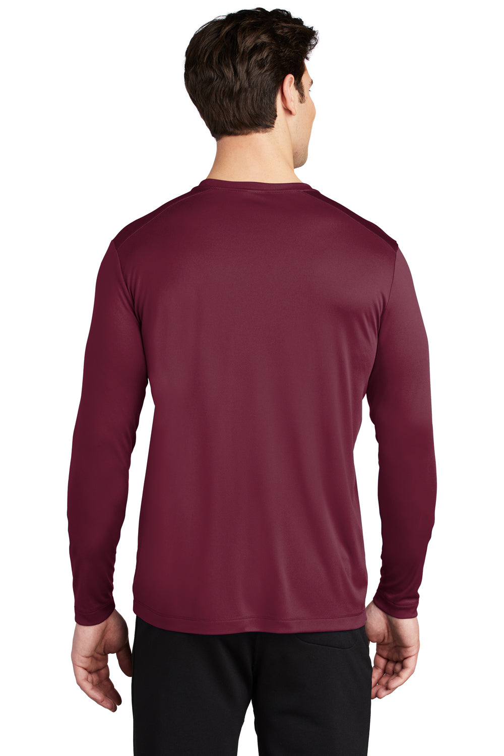 Sport-Tek ST420LS Mens Moisture Wicking Long Sleeve Crewneck T-Shirt Cardinal Red Model Back