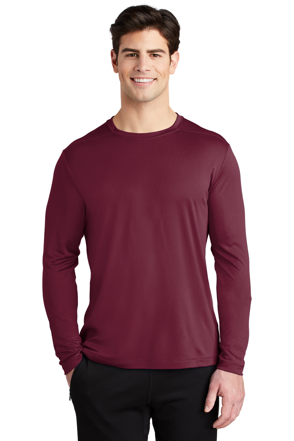 Sport-Tek ST420LS Mens Moisture Wicking Long Sleeve Crewneck T-Shirt Cardinal Red Model Front