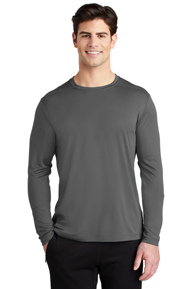 Sport-Tek ST420LS Mens Moisture Wicking Long Sleeve Crewneck T-Shirt Dark Smoke Grey Model Front