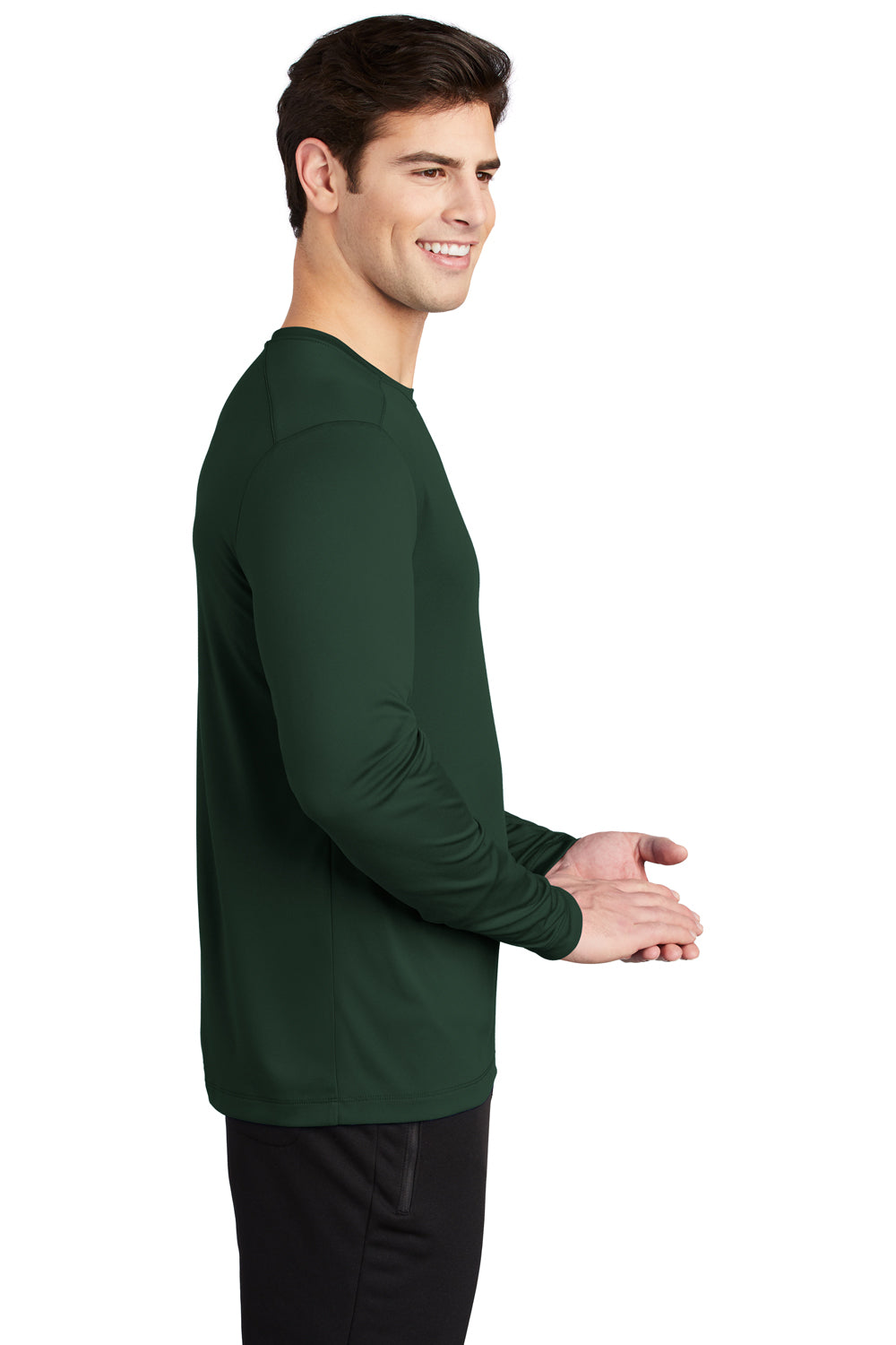 Sport-Tek ST420LS Mens Moisture Wicking Long Sleeve Crewneck T-Shirt Forest Green Model Side