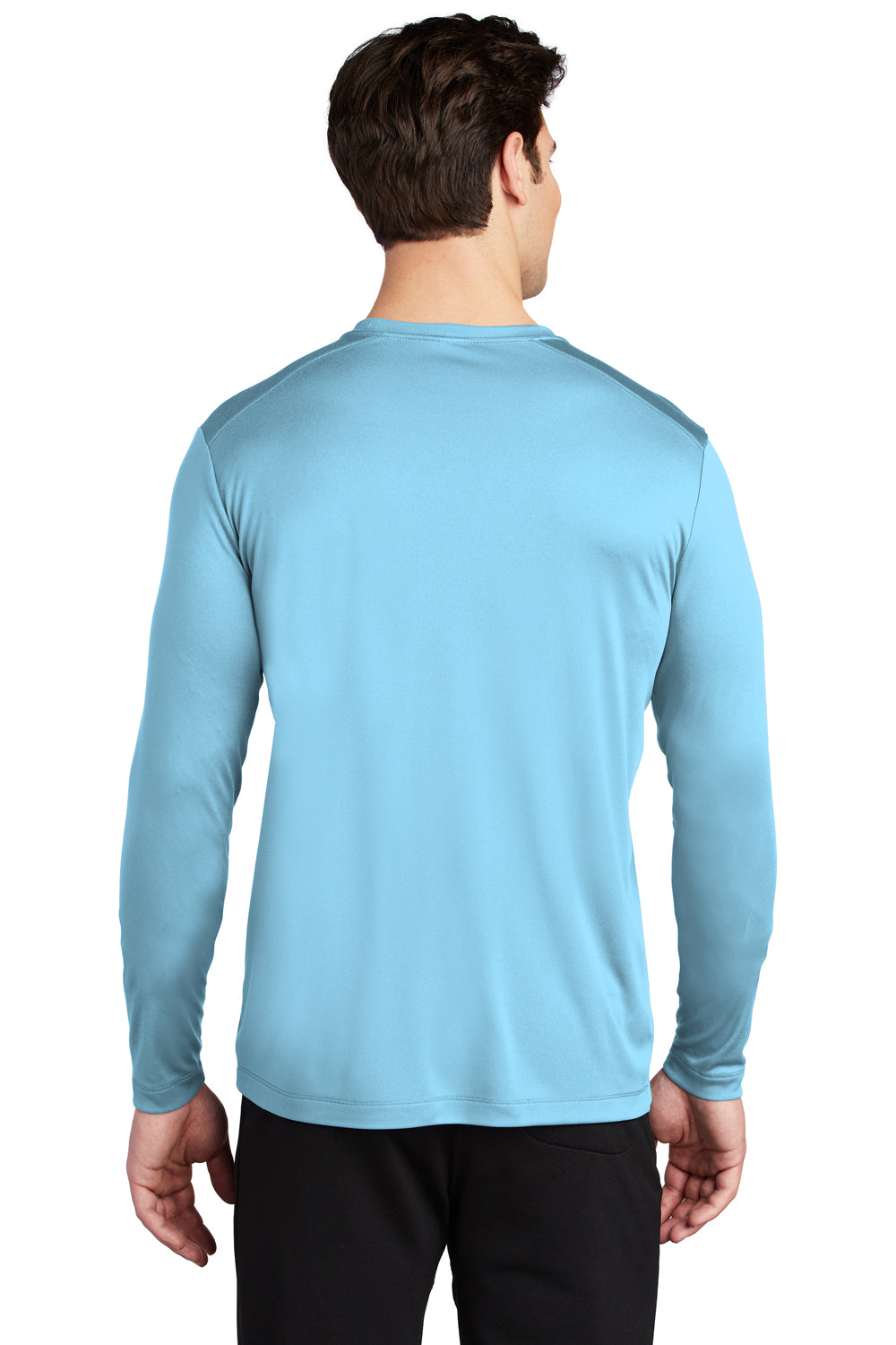 Sport-Tek ST420LS Mens Moisture Wicking Long Sleeve Crewneck T-Shirt Light Blue Model Back