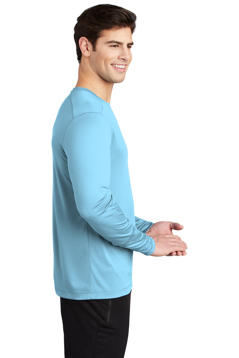 Sport-Tek ST420LS Mens Moisture Wicking Long Sleeve Crewneck T-Shirt Light Blue Model Side