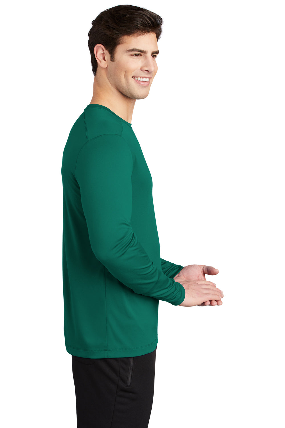 Sport-Tek ST420LS Mens Moisture Wicking Long Sleeve Crewneck T-Shirt Marine Green Model Side