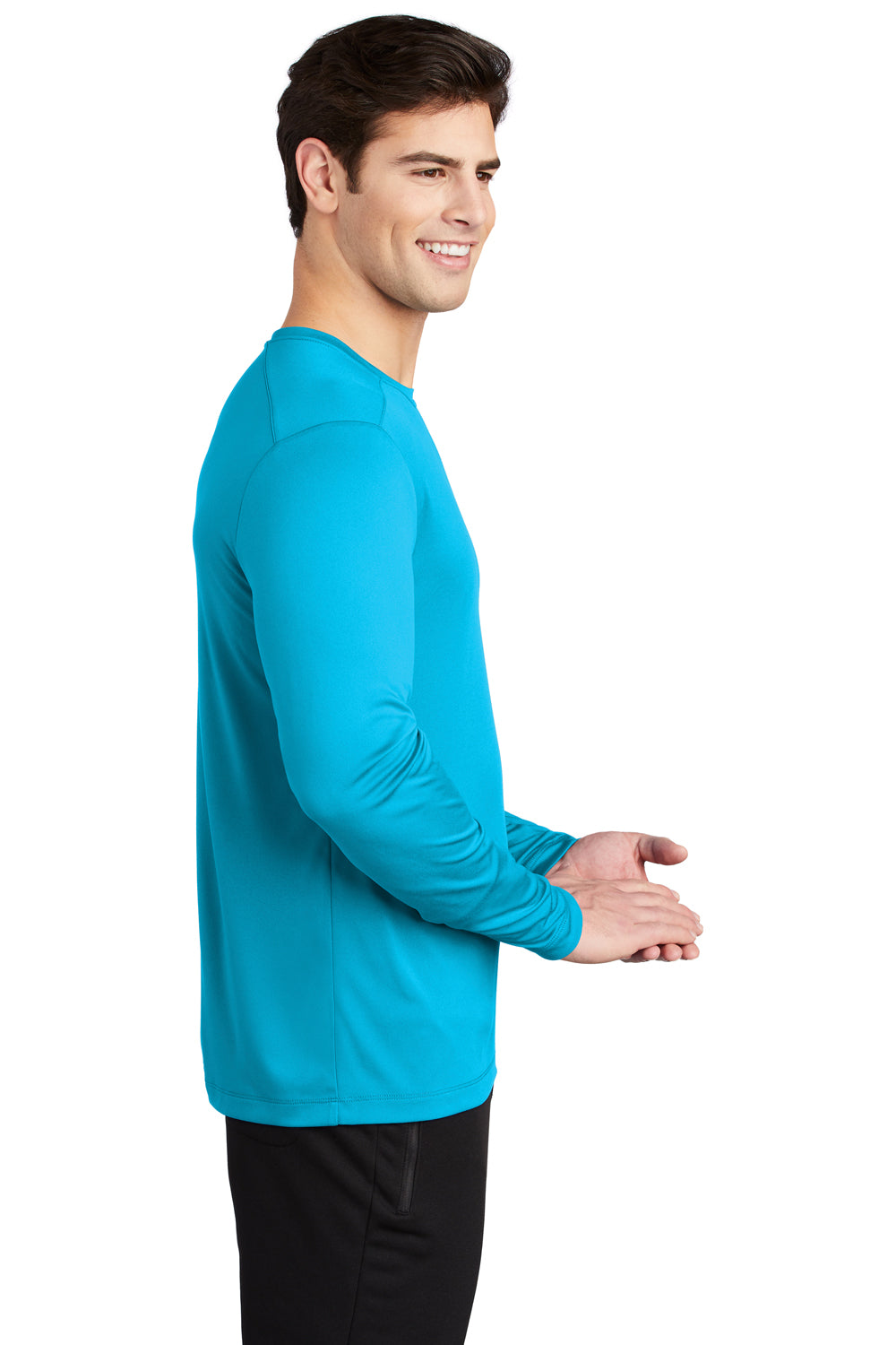 Sport-Tek ST420LS Mens Moisture Wicking Long Sleeve Crewneck T-Shirt Sapphire Blue Model Side