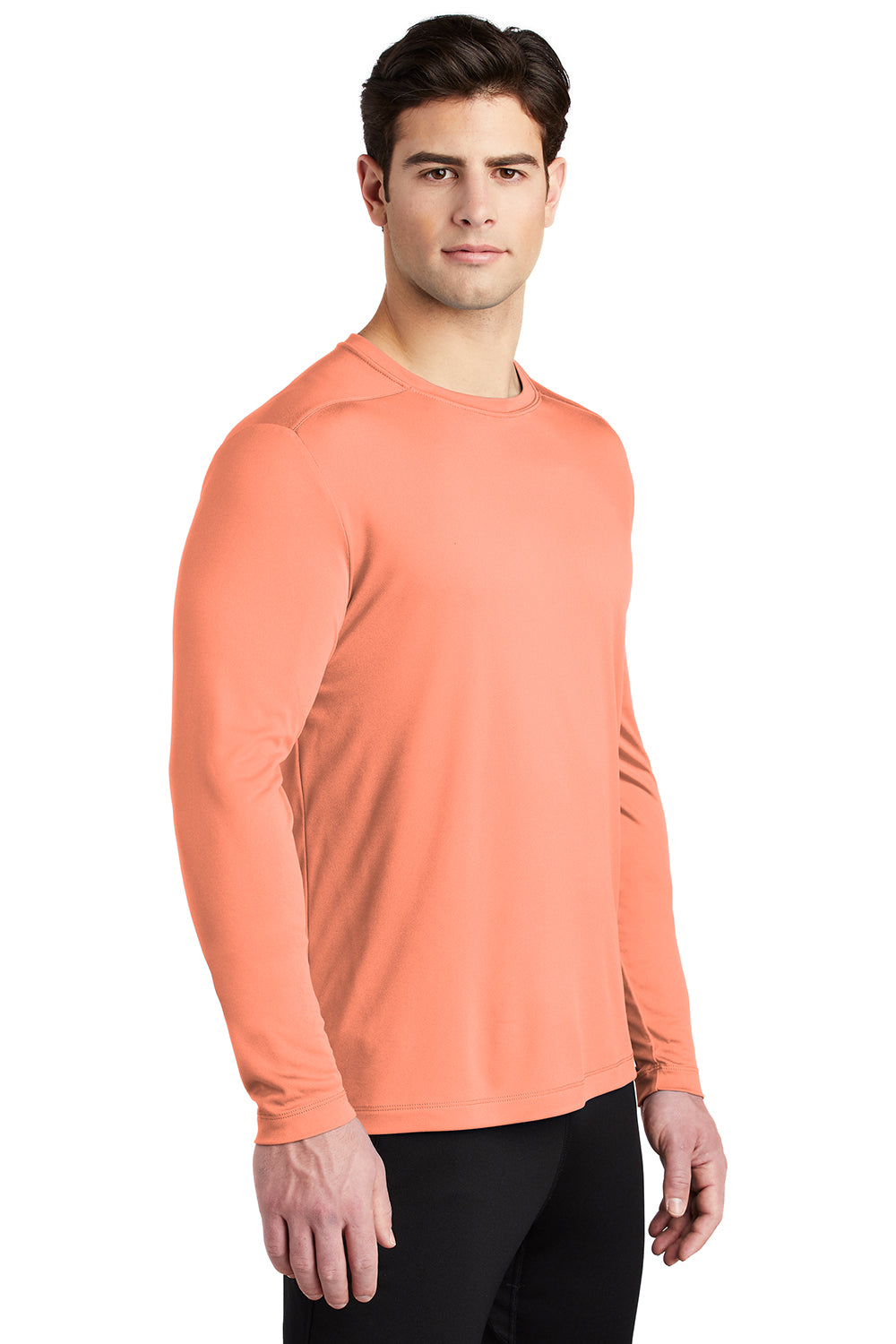 Sport-Tek ST420LS Mens Moisture Wicking Long Sleeve Crewneck T-Shirt Soft Coral Orange Model 3q