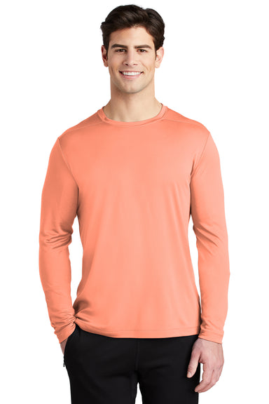 Sport-Tek ST420LS Mens Moisture Wicking Long Sleeve Crewneck T-Shirt Soft Coral Orange Model Front