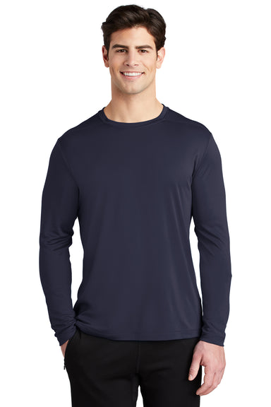 Sport-Tek ST420LS Mens Moisture Wicking Long Sleeve Crewneck T-Shirt True Navy Blue Model Front