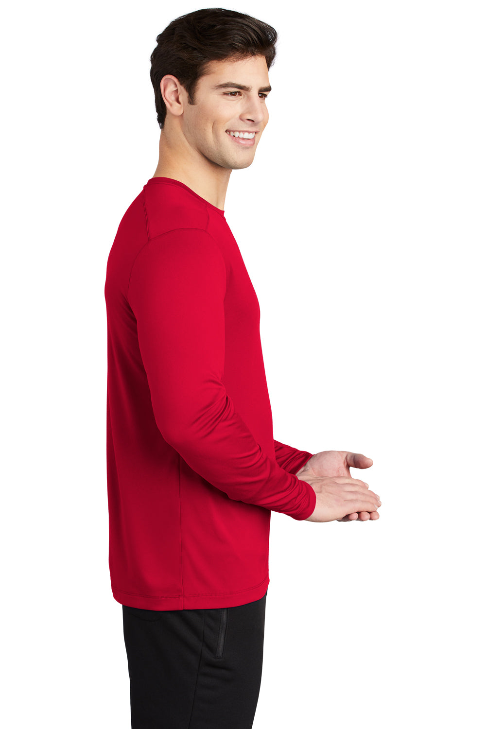 Sport-Tek ST420LS Mens Moisture Wicking Long Sleeve Crewneck T-Shirt True Red Model Side