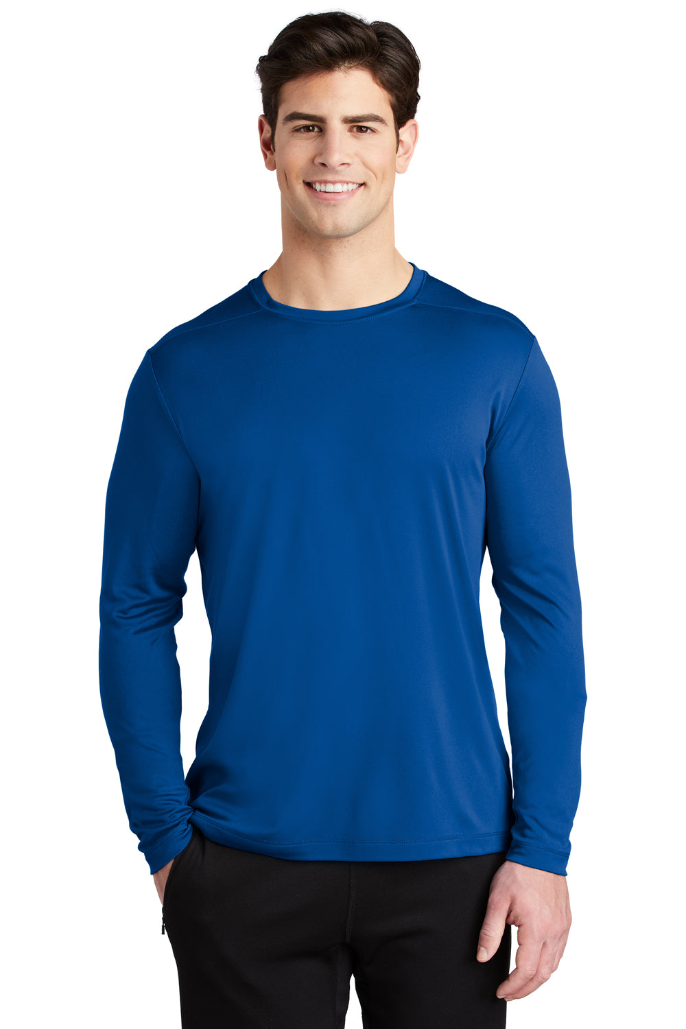 Sport-Tek ST420LS Mens Moisture Wicking Long Sleeve Crewneck T-Shirt True Royal Blue Model Front