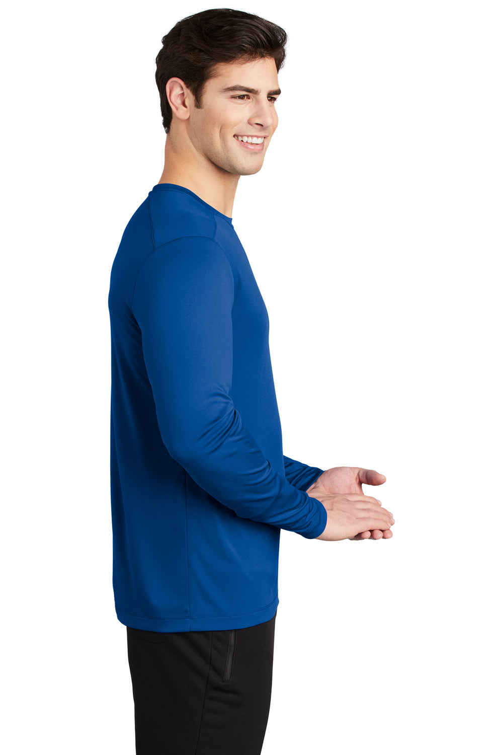 Sport-Tek ST420LS Mens Moisture Wicking Long Sleeve Crewneck T-Shirt True Royal Blue Model Side