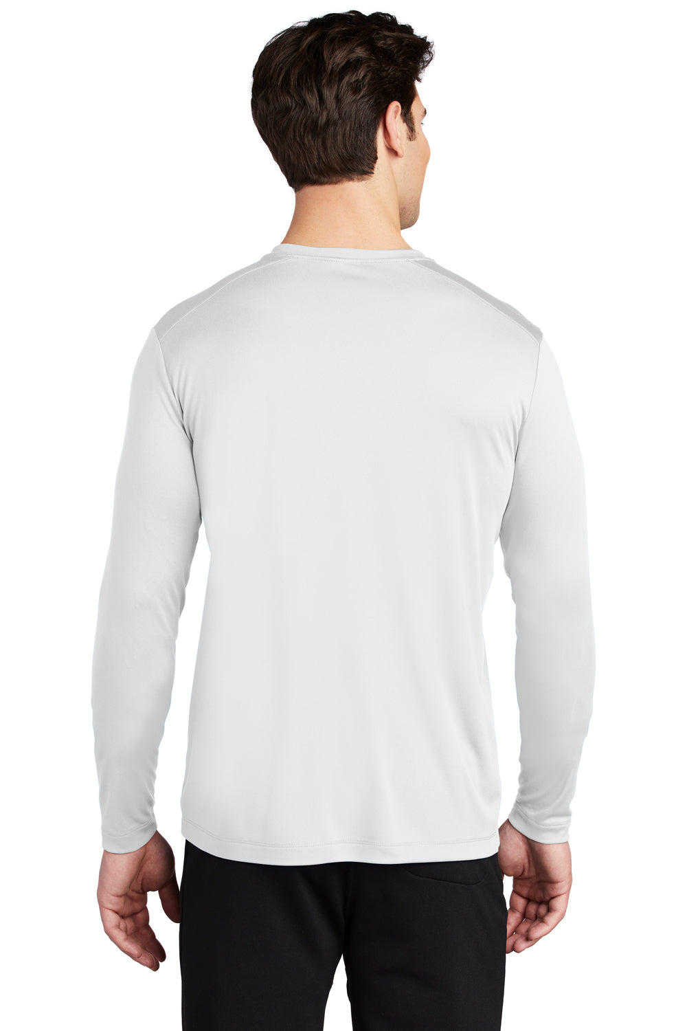 Sport-Tek ST420LS Mens Moisture Wicking Long Sleeve Crewneck T-Shirt White Model Back