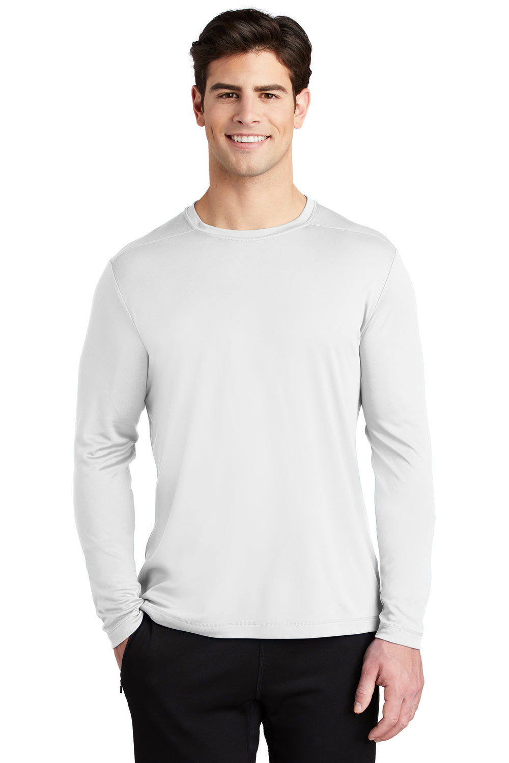 Sport-Tek ST420LS Mens Moisture Wicking Long Sleeve Crewneck T-Shirt White Model Front