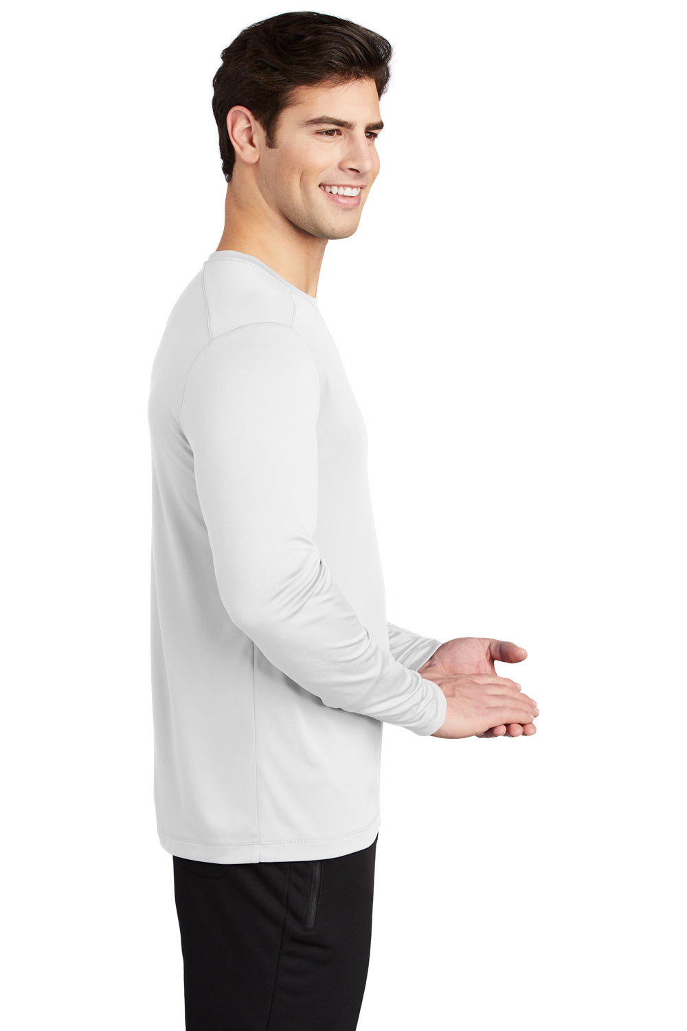 Sport-Tek ST420LS Mens Moisture Wicking Long Sleeve Crewneck T-Shirt White Model Side