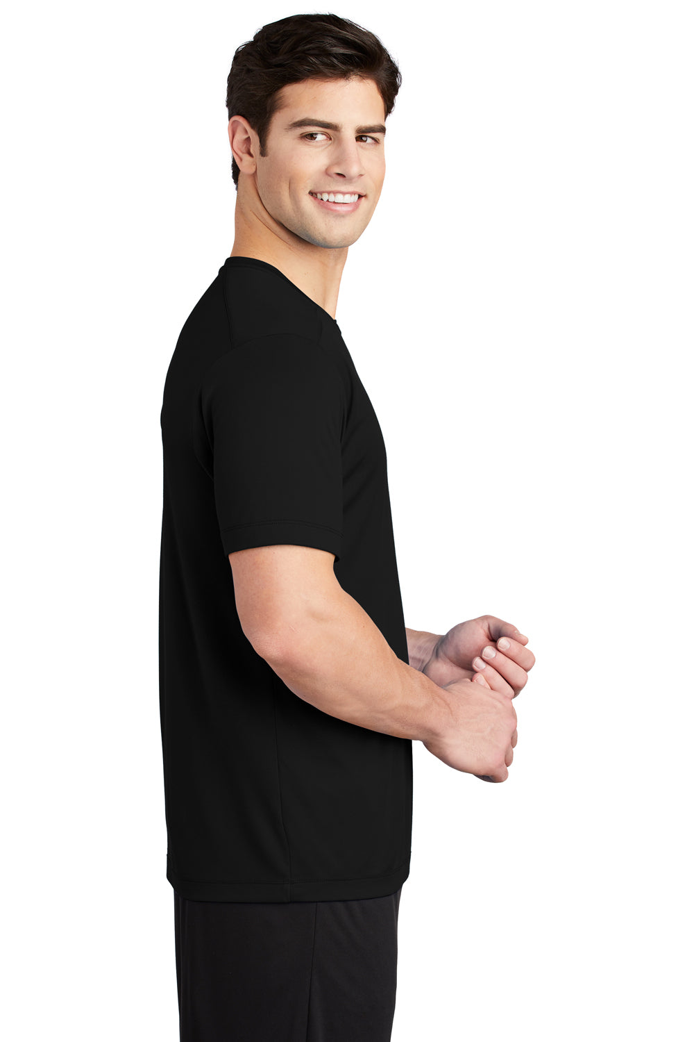 Sport-Tek ST420 Mens Moisture Wicking Short Sleeve Crewneck T-Shirt Black Model Side