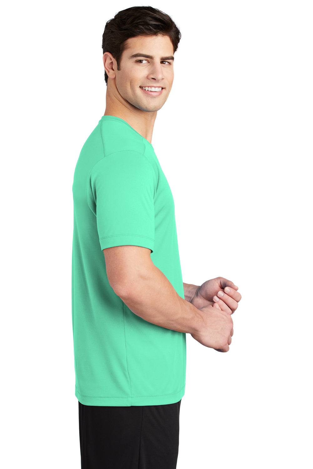 Sport-Tek ST420 Mens Moisture Wicking Short Sleeve Crewneck T-Shirt Bright Seafoam Green Model Side