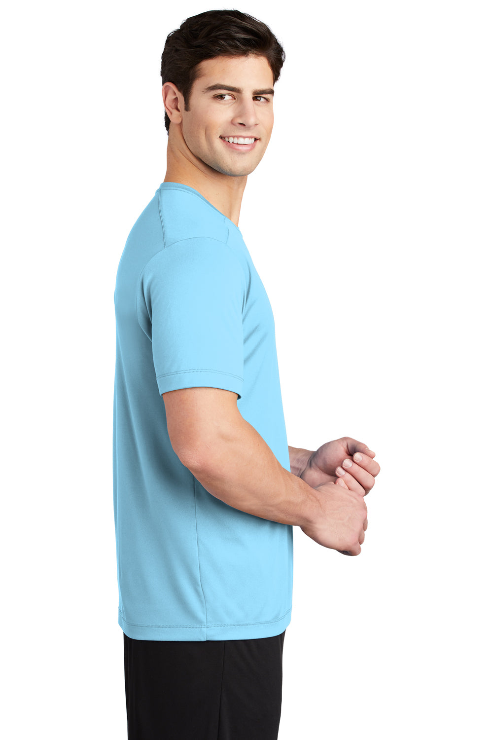 Sport-Tek ST420 Mens Moisture Wicking Short Sleeve Crewneck T-Shirt Light Blue Model Side